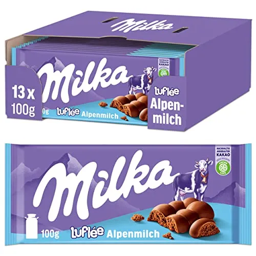 Milka Luflée Tafel 13 x 100g - Schokoladenriegel aus luftiger Alpenmilch, mit höherem Kakaoanteil für noch zartere Genussmomente - ideal für Kiosk und Büro-Pause.