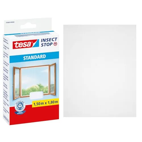 tesa Insect Stop Standard Fliegengitter für Fenster - Effektiver Insektenschutz ohne Bohren - Fliegengitter für Fenster, zuschneidbar und einfach zu montieren ohne Bohren - ideal für frische Luft ohne Insekten.