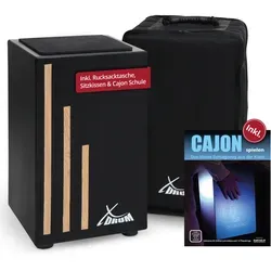 XDrum Cajon Primero Negra – inkl. Cajonschule und Tasche - Percussion Instrument mit geschraubter Schlagfläche und stimmbarem Snare Effekt, ideal für Einsteiger und Profis. Inklusive Sitzkissen und praktischer Rucksacktasche.