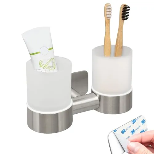 bremermann Bad-Serie Piazza Tape - Doppel-Glasbecherhalter ohne Bohren - Zahnputzbecherhalter mit innovativer Klebetechnik für einfache Montage, hygienische Glasbehälter und modernes Edelstahl-Design – ideal für ein ordentliches Bad ohne Bohrlöcher.