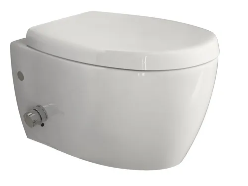 Aqua Bagno Dusch-WC mit Softclose WC-Sitz - WC-Becken mit Edelstahldüse, spülrandlos und antibakteriellem Softclose-Sitz für maximale Hygiene und Komfort. Reduzieren Sie Papierverbrauch und sparen Sie Wasser mit nur 4-4,5 Litern pro Spülgang.