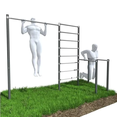 QLS Outdoor Fitness Station Set ZO6-60 – Klimmzugstange, Dip-Station & Sprossenwand - Vielseitiges Outdoor Fitness Set für effektives Training im eigenen Garten. Höhenverstellbare Klimmzugstange aus wetterfestem Stahl, belastbar bis 250 kg – ideal für Kraft- und Calisthenics-Training.
