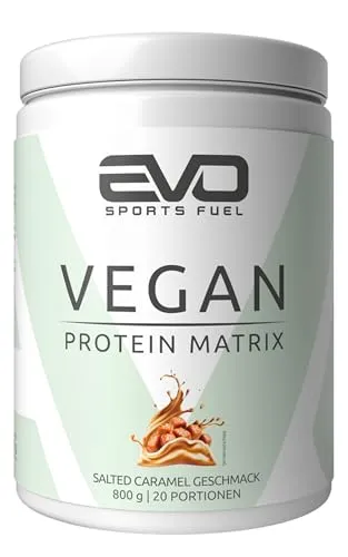 EVO SPORTS FUEL Veganes Proteinpulver Matrix | Salted Caramel | 800g | Eiweißpulver mit 3g Leucin pro Portion für eine maximale Proteinsynthese | geprüfte Qualität | Made in Germany