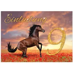 JUNAPACK Einladungskarten Pferd Einladungen zum 9. Kindergeburtstag Fohlen Karten Mädchen, Einladungskarten zum neunten Geburtstag mit Pferd Motiv