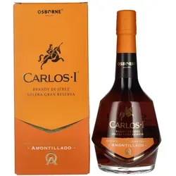 Carlos I Solera Gran Reserva AMONTILLADO Brandy de Jerez 0,7l - Weinbrände, meisterhaft gereifter Brandy mit komplexen Aromen von Nüssen und Eiche, ideal für besondere Anlässe und als luxuriöses Geschenk in einer stilvollen Geschenkbox.