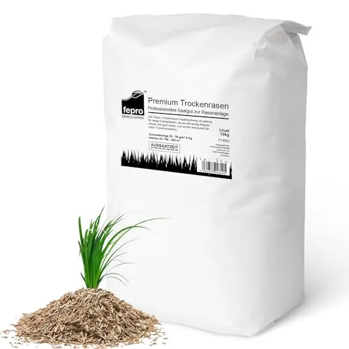 Fepro Trockenrasen - Dürretolerante Rasensamen 20 kg für 800 m² - Gestalten Sie Ihren Garten mit Fepro Trockenrasen, der ideal für trockene und schattige Standorte ist. Diese Mischung bietet schnelle Keimung und hohe Widerstandsfähigkeit bei geringem Wasserbedarf.