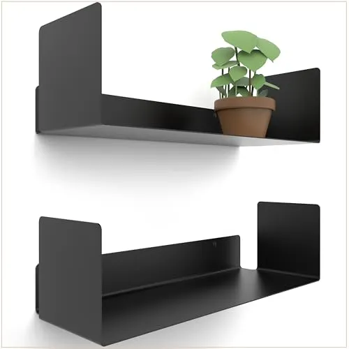 UNITURE Wandregal 2er Set - Modernes schwebendes Bücherregal in Schwarz - Wandregale für stilvolle Präsentation, aus hochwertigem S345 Stahl, hält bis zu 12,5 kg – ideal für Bücher, CDs und Dekoration.