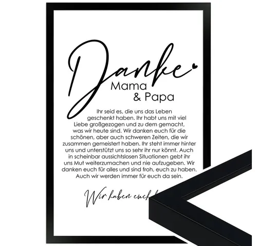 WANDStyle Bild mit Rahmen Danke Mama und Papa - Moderne Kunst für Eltern, ideal als Geschenk zu Weihnachten oder zum Geburtstag. Hochwertige Materialien, Made in Germany und nachhaltig produziert.