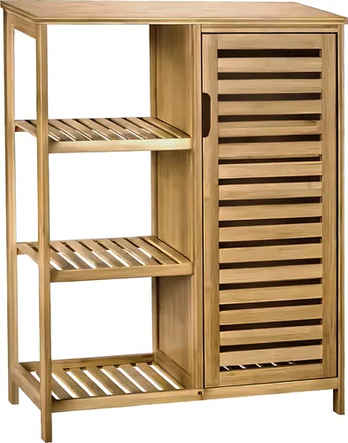 AD.CON Badregal Bambus mit 3 Ablagen und 1 Schranktür - Regale: Hochwertiger Badezimmerschrank aus feuchtigkeitsresistentem Bambus mit 3 offenen Ablagen und 1 Tür für optimale Organisation und modernes Design.