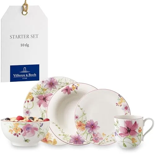 Villeroy und Boch Mariefleur Basic Starter-Set, 10 tlg. - Kombiservice aus hochwertigem Premium Porzellan, spülmaschinen- und mikrowellengeeignet, mit nostalgischem blumigen Landhausflair – perfekt für Teestunden und als Geschenk zur Hochzeit.