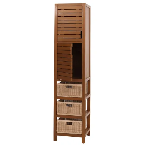 Teak-Hochschrank HWC-M84: Hochwertiger Badschrank aus B-Grade Teak - Bad-Kommode aus langlebigem B-Grade Teakholz, ideal für Nassräume. Mit 3 Korbschubladen und 2 Staufächern bietet sie praktischen Stauraum und vereint Funktionalität mit natürlicher Schönheit.