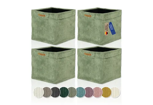 Lycce Regalkorb Kallax Boxen Cord 4er Set salbei - Regalkörbe aus hochwertigem Cordstoff, faltbar und ideal für Ikea Kallax Regale. Perfekte Maße von 33x33x31 cm für Ordnung im ganzen Zuhause.