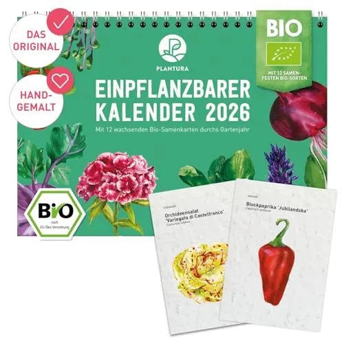 Plantura Einpflanzbarer Kalender 2026, A5-Format, Bio-Saatgut-Kalender mit 12 Samenkarten zum Einpflanzen
