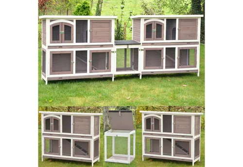 XXL Doppel Hasenstall Balu - Kleintierstall in Taupe-Weiß 280x50x104 - Käfig für Kaninchen und Kleintiere mit 2 Kot-Zinkwannen, isoliert und als Doppel- oder Einzelstall nutzbar, ideal für artgerechte Haltung.