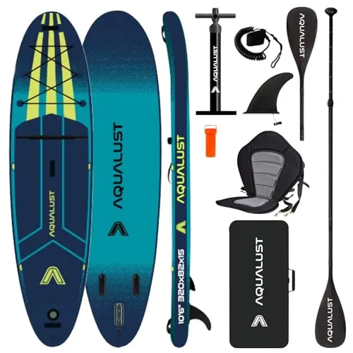 AQUALUST 10.6 iSUP Board Stand Up Paddle Set Surfboard aufblasbar 320cm SUP 150 KG türkis (Boardset+Kajakpaddel+Deluxe-Sitz)