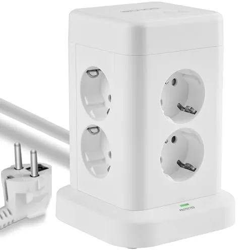 Echos - 12-in-1 Steckdosenturm Steckdosenleiste mit 3M Kabel Verteilersteckdose 8 Fach Mehrfachsteckdose mit USB C - Steckdosenverteiler 4 Fach USB Mehrfachstecker mit Schalter Steckdosenadapter