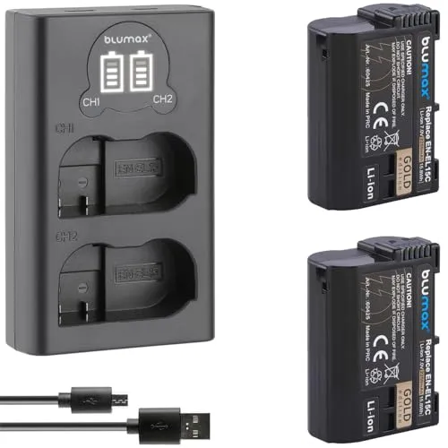 2X Blumax Akku kompatibel mit Nikon EN-EL15 [ 2250mAh ] + Slim Dual Charger EN-EL15c EN-EL15b EN-EL15a für D800 D850 D7200 D7500 Z8 Z7 II Z6 II Z5 Zf