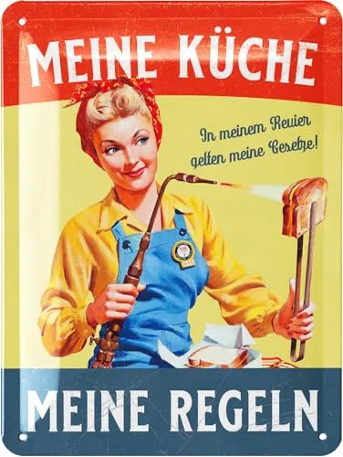 LANOLU Retro Blechschild Küche - Vintage Schild mit Spruch - MEINE KÜCHE MEINE REGELN - lustige Wanddeko Küche - Poster als Metallschild mit Stanzung 15x20 cm