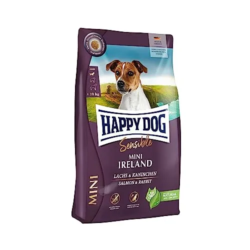 Happy Dog Sensible Mini Ireland 4 kg - Hundefutter für sensible Hunde mit weizenfreier Rezeptur, kleine, bissoptimierte Kroketten mit Lachs & Kaninchen für optimale Haut- und Fellgesundheit.