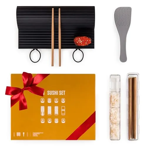 Blumtal Sushi Set - Spülmaschinenfeste Matte, Langlebiger Maker Mit Hochwertigen Edelholzstäbchen und Reislöffel für Anfänger und Profis
