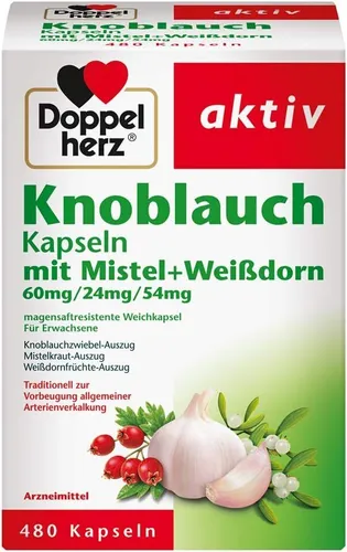 Doppelherz Knoblauch mit Mistel + Weißdorn - 480 Kapseln - Pflanzliches Ergänzungsmittel zur Vorbeugung von Arterienverkalkung, unterstützt die Herzgesundheit mit magensaftresistenten Kapseln und ist glutenfrei.