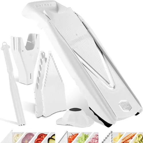 Börner Gemüsehobel V5 Plus Set – Vielseitiger V-Hobel mit Edelstahl Klinge - Gemüsehobel mit 8 Schnittarten, ideal für schnelle Zubereitung von Obst und Gemüse. Inklusive Sicherheitsfruchthalter und Kombischäler für einfache Anwendung und Reinigung.