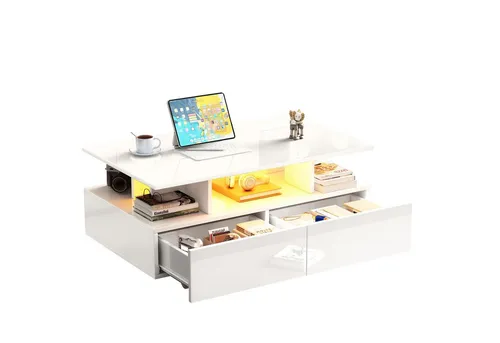 Merax Hochglanz-Couchtisch mit LED – 90x55x41 cm Beistelltisch mit Stauraum - Moderne Couchtische: Hochglanz-Couchtisch mit integrierter LED-Beleuchtung für eine gemütliche Atmosphäre und 2 geräumige Schubladen für optimalen Stauraum.