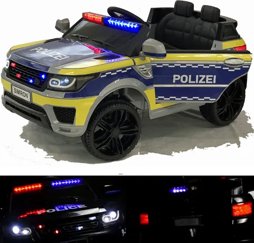 Deutsche POLIZEI Kinderauto - Funkgerät Elektrofahrzeug - Batteriebetriebenes Polizei Kinderauto mit 2x Motoren für kraftvollen Vortrieb, Bluetooth-Anschluss, LED-Lichtern und sanftem Softstart für ein sicheres Fahrerlebnis.