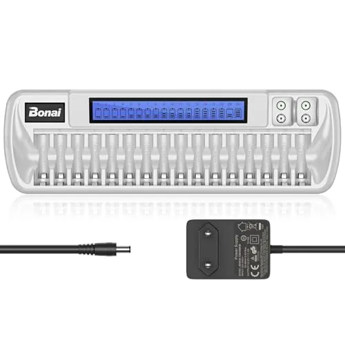 BONAI Akku Ladegerät 18 Slot Universal Schnelles Batterieladegerät LCD Smart Akkuladegerät Intelligent Battery Charger für AA AAA 9V Block NI-MH/NI-CD Wiederaufladbare Batterien