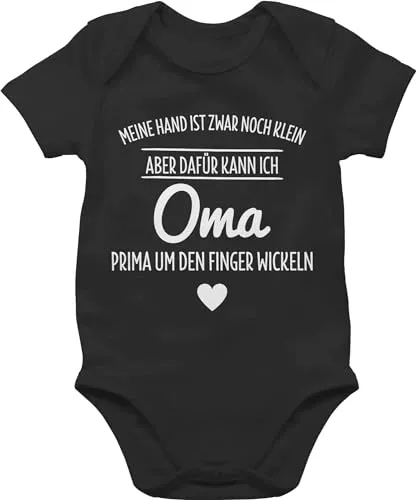 Baby Body Junge Mädchen - Sprüche - Oma um den Finger wickeln - 6/12 Monate - Schwarz - baby-kleidung babymode witzig spruch omi bodys babykleidung 0-6 strampler mit lustigen sprüchen spruche