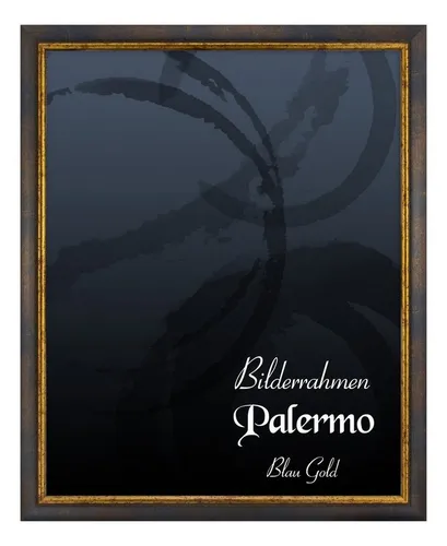 Einzelrahmen Bilderrahmen Palermo 45x55 cm Blau Gold Holz - Eleganter Bilderrahmen aus hochwertigem Massivholz, ideal für Fotos und Kunstwerke. Mit bruchfestem Kunstglas und Metallaufhängern für einfache Montage im Hoch- oder Querformat.