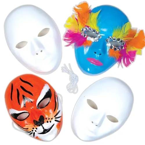 Baker Ross E1144 Ross Masken aus Plastik zum Basteln und Bemalen für Kinder ideal zum Kindergeburtstag und Karneval - 6 Stück, 20 x 15 cm, Weiß