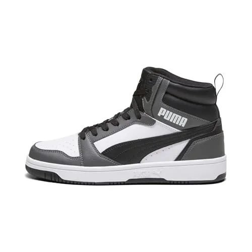 PUMA Unisex Rebound V6 Sneaker - Komfort und Stil in Weiß-Schwarz-Grau, 44.5 EU - Herren-Sneaker mit mittlerer Kragenhöhe, weichem Synthetik-Obermaterial und perforierten Details für optimale Atmungsaktivität und modernen Look.
