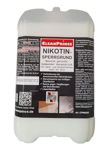 CleanPrince Nikotin-Sperrgrund 10 Liter | Effektive Grundierung gegen Nikotinflecken - Grundierung mit Sperreffekt für Wände und Holz, verhindert unschöne Flecken und Gerüche von Nikotin oder Ruß. Ideal für Renovierungen und Tapetenüberstrich.