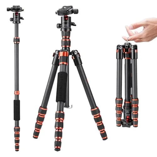 K&F CONCEPT 152cm Carbon Stativ, Leichtes Tripod, Flexibles Kamera Stativ mit 360° Kugelkopf, 1/4'' Gewinde, Tragtasche für DSLR Camera A225C0+BH-25L