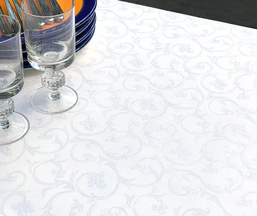 Libusch® DAMAST-Tischdecke SILA, weiß mit floralem Muster, wählbare Größe - Elegante DAMAST-Tischdecke "Sila" aus 100% Baumwolle, koch- und chlorfest. Ideal für festliche Anlässe, bringt einen Hauch von Luxus auf jede Tafel.