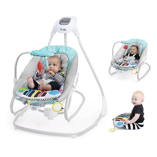 Baby Einstein Babywippe Kick to It 4-in-1 Musical Swing & Rocker - Babywippe mit 4 Funktionen, 56 Melodien, 5-Punkt-Sicherheitsgurt und 3 Schaukelrichtungen, ideal für die frühkindliche Förderung.