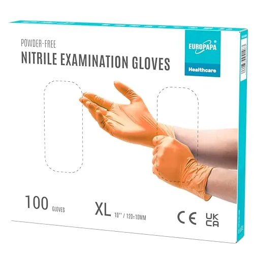 EUROPAPA® 100x Nitrilhandschuhe Einweghandschuhe Einmalhandschuhe Untersuchungshandschuhe Nitril Handschuhe puderfrei ohne Latex unsteril latexfrei disposible gloves (XL, Orange)