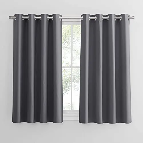 PONY DANCE Blickdichte Gardinen Wohnzimmer Kurz Fenster H 145 x B 140 cm Grau, Thermo Vorhang gegen Hitze Ösenschal 2er Set Verdunklungsvorhänge für Schlafzimmer/Kinderzimmer