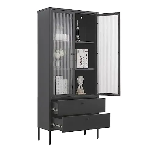Mein-Regal Vitrine Paris - Stilvolle Glasvitrine im Industrial Style - Glasvitrine aus Metall mit geriffeltem Klarglas und verstellbaren Einlegeböden, ideal als Wohnzimmerschrank oder Bücherschrank. Zeitloses Design vereint Funktionalität und Ästhetik.