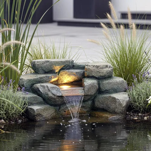 Teich Wasserfall mit LED-Beleuchtung 48 cm – Dekorative Teichbrunnen - Eleganter Wasserfall aus Polyresin, 48 cm breit, ideal für Teiche. Einfache Installation ohne Montage, inklusive Pumpe und LED-Beleuchtung für stimmungsvolle Akzente.