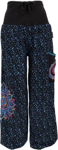 GURU SHOP Weite Pluderhose mit Breitem Bund, Mandalastickerei - Schwarz/blau, Damen, Size:S/M