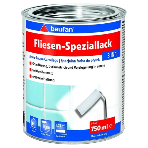 Baufan Fliesen-Speziallack 3 in 1 - Weiß seidenmatt für Fliesen - Lacke: Grundierung, Deckanstrich und Versiegelung in einem für optimale Haftung, ideal für Badezimmer und Küchen. Abtönbar mit decomix Abtönkonzentraten.