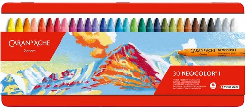 CARAN D'ACHE Wachsmalstift NEOCOLOR I, 30er Etui - Schreibutensilien mit 30 runden Wachspastellen in Papierhülle, wasserfest und ideal zum Übereinanderlegen von Farbschichten für kreative Kunstwerke.