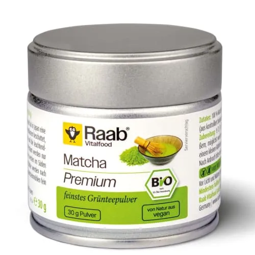 Raab-Vitalfood Tee Matcha Premium, BIO, Grüntee Pulver, 30g - Bio Matcha Grüntee Pulver, hergestellt aus den feinsten jungen Blättern, ideal für einen schaumigen Tee. Perfekt für Teeliebhaber, die Wert auf höchste Qualität legen.