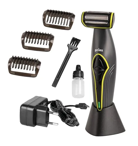 Prinz Body-Trimmer PZ-BT1 – Herren-Körperrasierer schwarz mit 3 Aufsteckkämmen - Praktischer Körperrasierer für eine sanfte Hautpflege. Wasserdicht (IPX5) für einfache Reinigung und Nutzung. Der leistungsstarke Akku sorgt für bis zu 60 Minuten Trimmerlebnis. Inklusive Ladestation für bequeme Aufbewahrung.