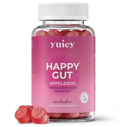 yuicy® Apfelessig Gummies - Energie & Verdauung - Apfelessig-Gummies mit B12 & Folsäure für mehr Energie und gesunde Verdauung. Vegan, zuckerfrei und lecker im Apfelgeschmack – die einfache Ergänzung für dein Wohlbefinden!