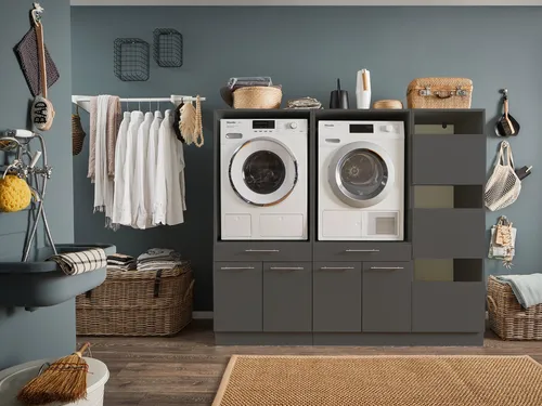 LAUNDREEZY Waschmaschinenschrank mit Wäscheschrank, Anthrazit - Podeste & Rahmen für Waschmaschinen - TÜV-zertifizierter Schrank mit Softclose-Türen, viel Stauraum und erweiterbaren Optionen für eine flexible Nutzung in Ihrem Zuhause.