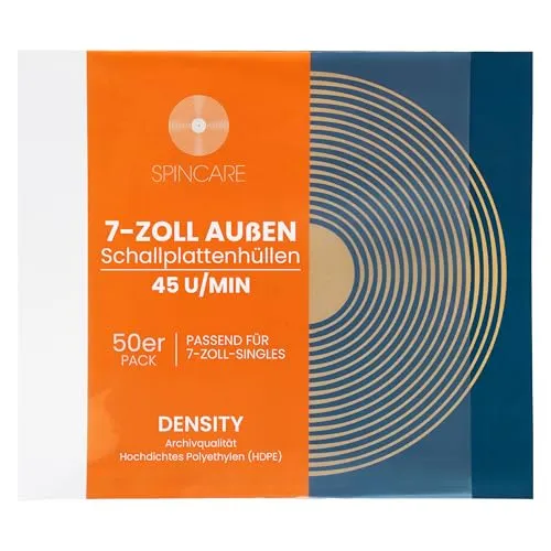 50x 7 Zoll Außenhüllen für Schallplattenhüllen 45 RPM UV-Schutz | Spincare Density Starke Polyethylen Vinyl Außenhüllen in Archivqualität für 7” Singles