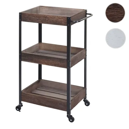 Servierwagen HWC-H22, Küchenwagen aus Massiv-Holz - Küchenwagen mit drei Ablagekörben und vier Rollen, ideal als Servierwagen oder Beistellwagen. Robuste Konstruktion aus Palowniaholz, BSCI-geprüft für soziale Standards.